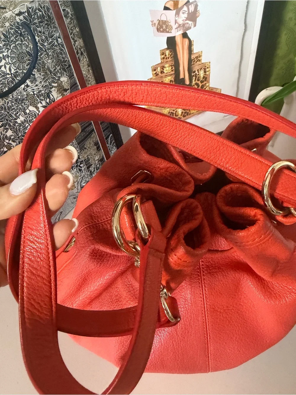 Coach Turnlock Tie Bucket Bag – Coral Pebbled Leather Drawstring Shoulder Bag